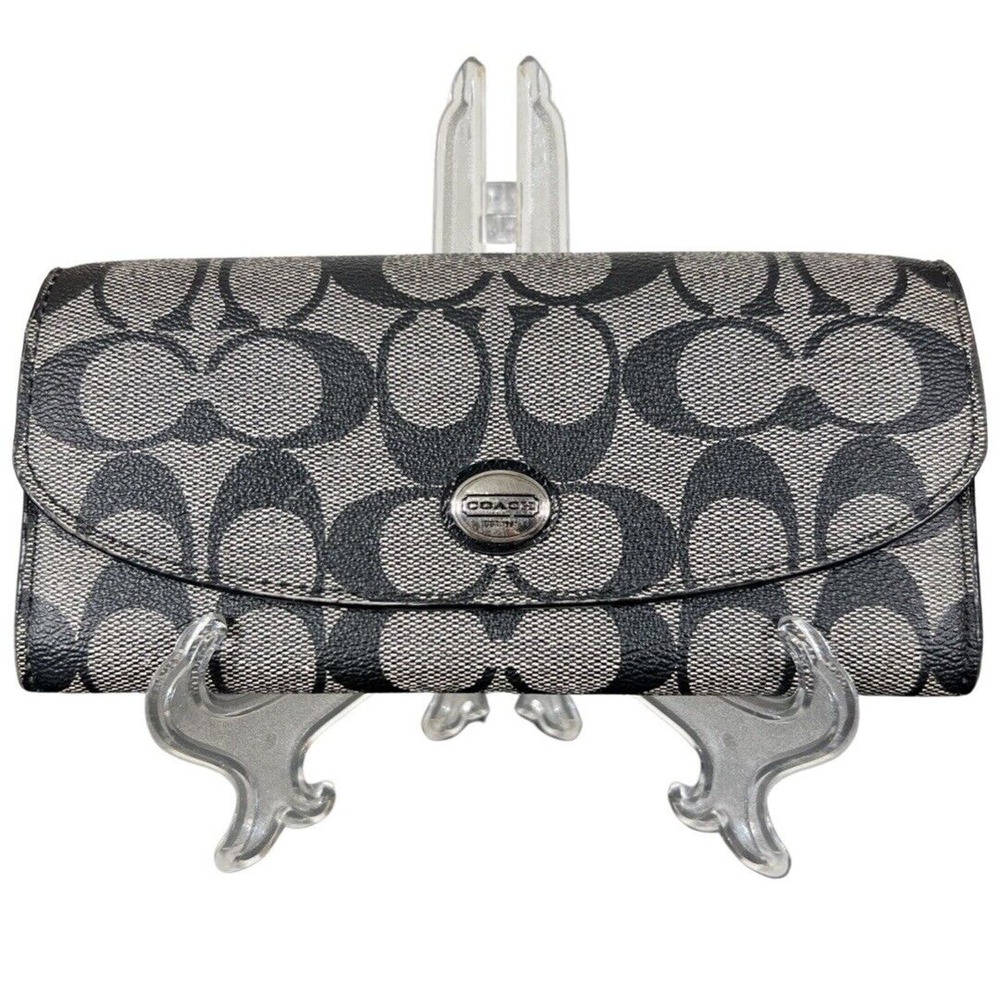 Coach Signature Peyton Slim Envelope Wallet Black Gray Snap Closure F49154